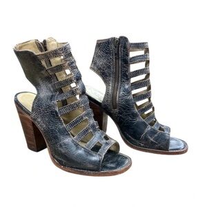 Bed Stu Occam caged block heel sandals in a distressed black sz 8